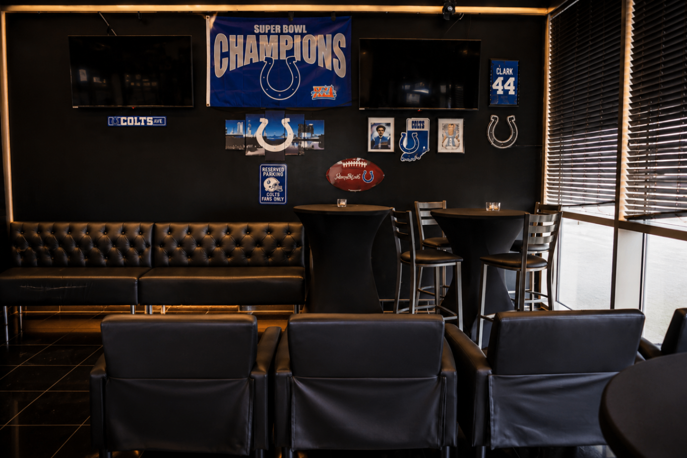 Cross Ultra Lounge 2.0 sports viewing lounge with Colts decor