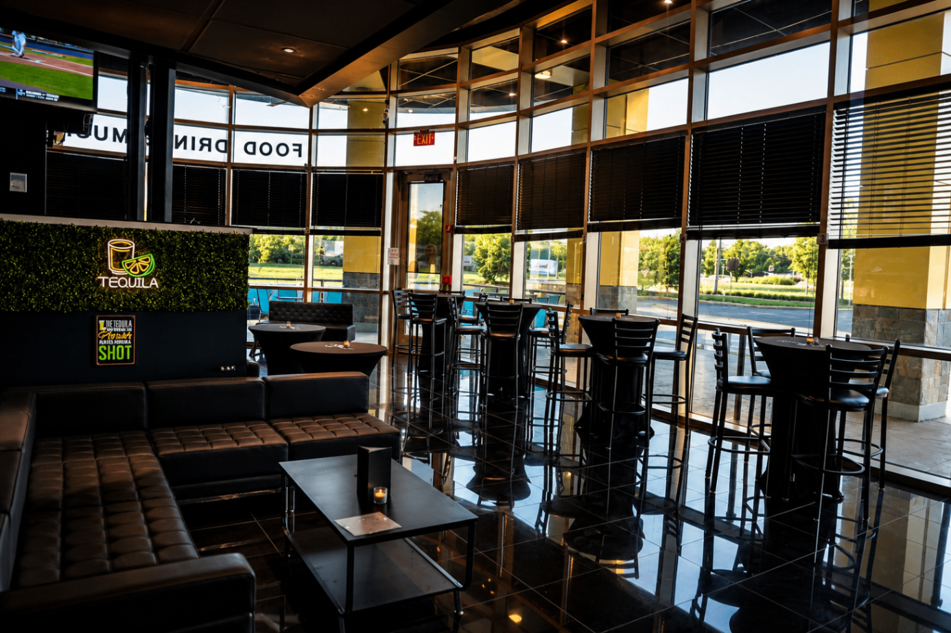 Cross Ultra Lounge 2.0 window lounge seating and cocktail tables